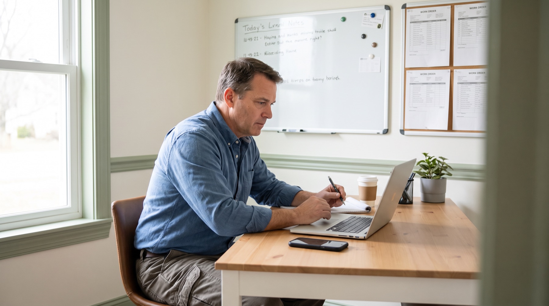 HVAC business owner reviewing service calls at a laptop in a dispatch office