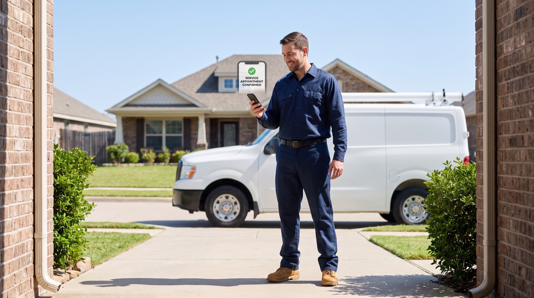 HVAC technician checking a confirmed service appointment outside a customer's home