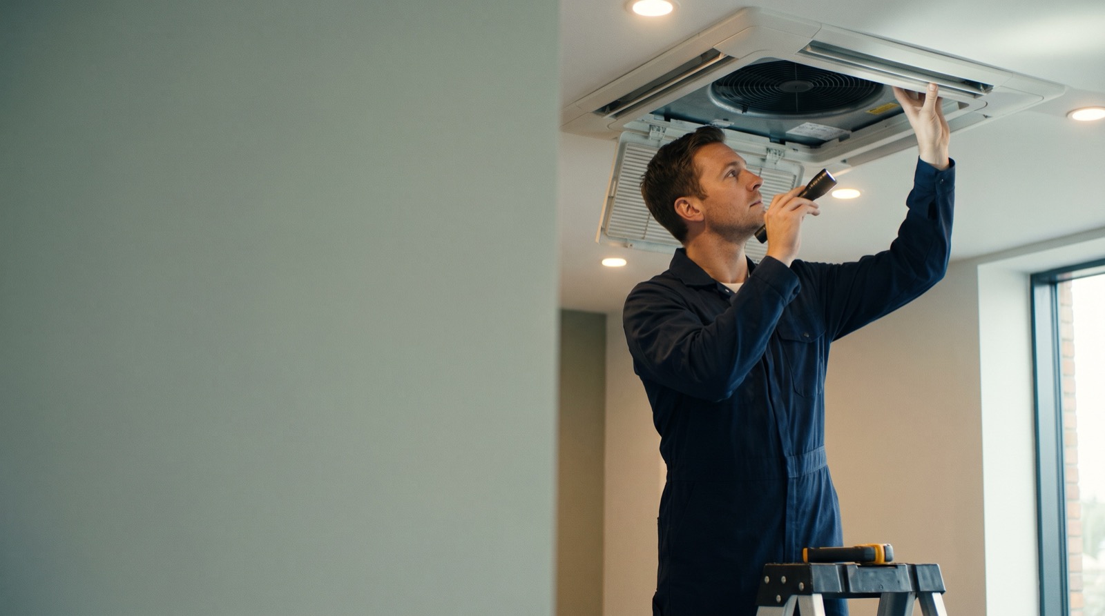 HVAC technician using a flashlight to inspect a ceiling-mounted cassette air conditioner