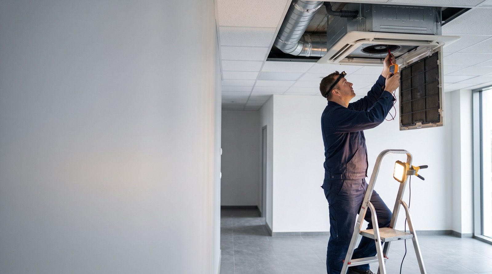 HVAC technician testing an overhead ceiling-mounted air handler with a multimeter in an empty commercial space